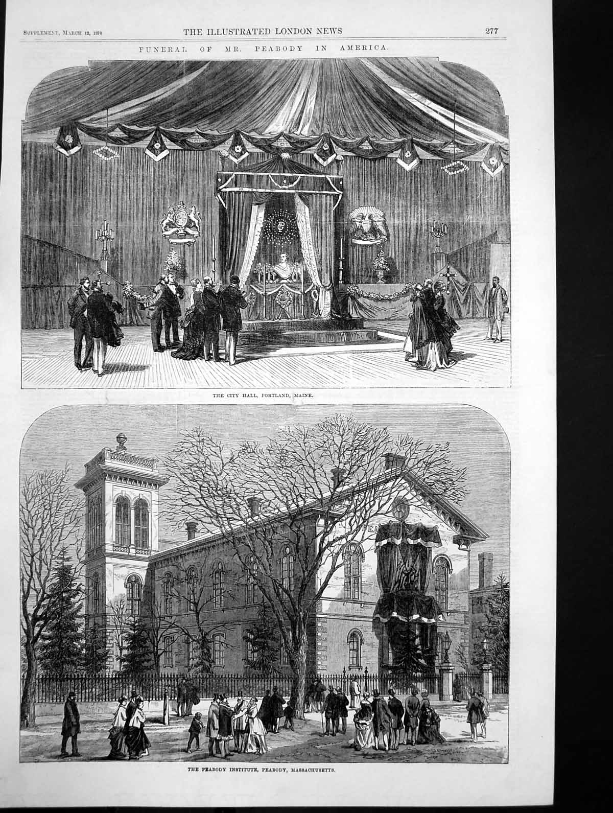 Antique Print City Hall Portland Maine Peabody Institute Massachusetts 1870