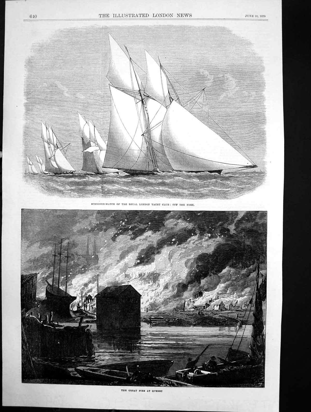 Old Antique Print Great Fire Quebec Schooner Match London Yacht Club 1870 19th