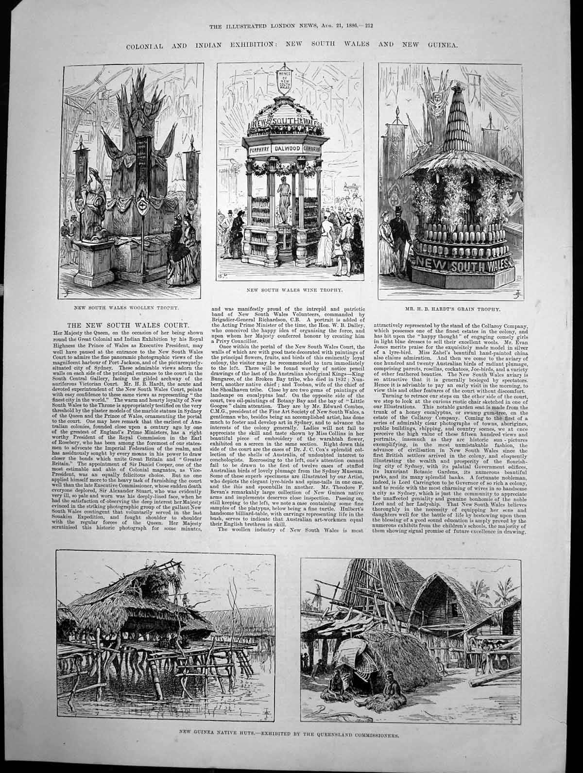 Old Antique Print New South Wales Woollen Trophy Wine Grain Trophy 1886 19th