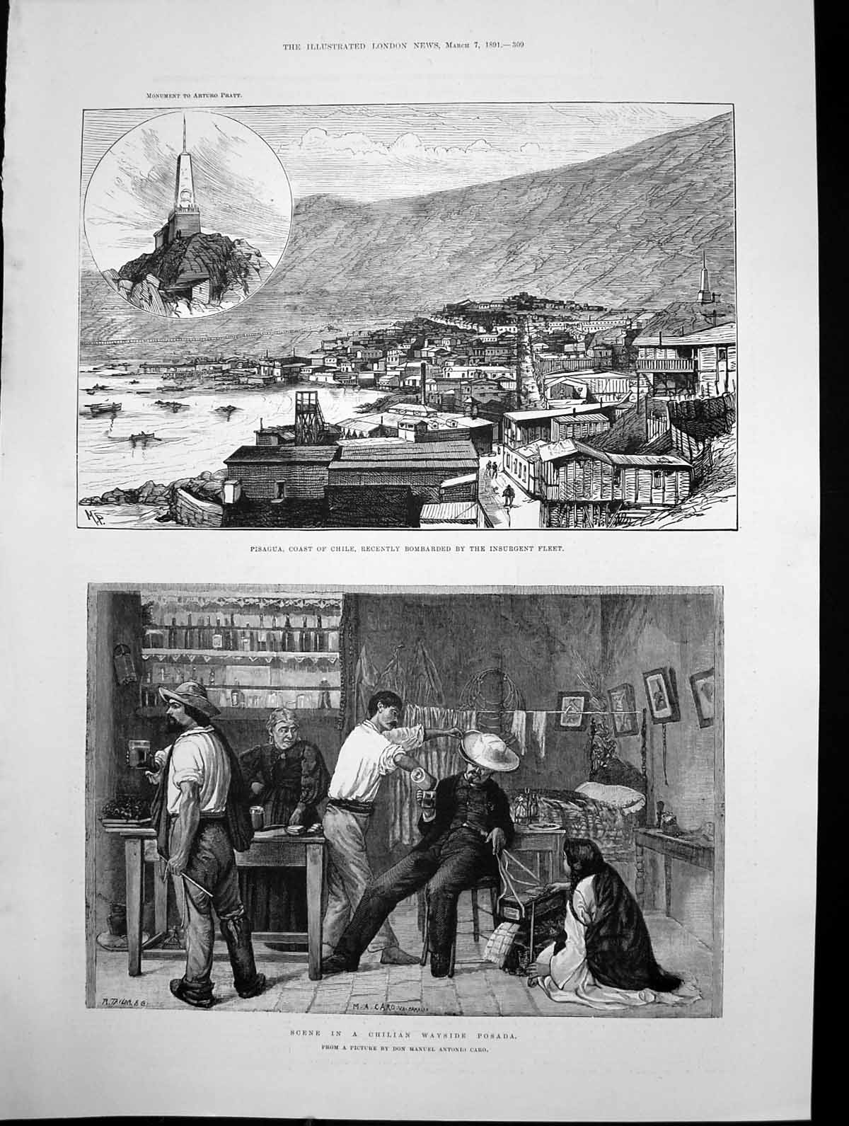 Antique Old Print Pisagua Chile Bombarded Insurgent Fleet Chilian Posada 1891