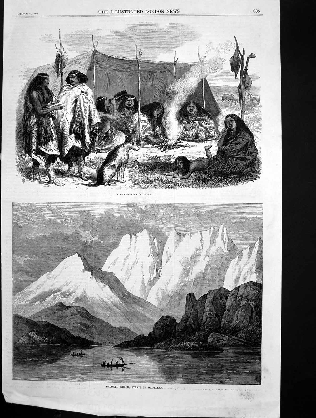 Old Antique Print Patagonian Wig-Wam Crooked Reach Strait Magellan 1869 19th