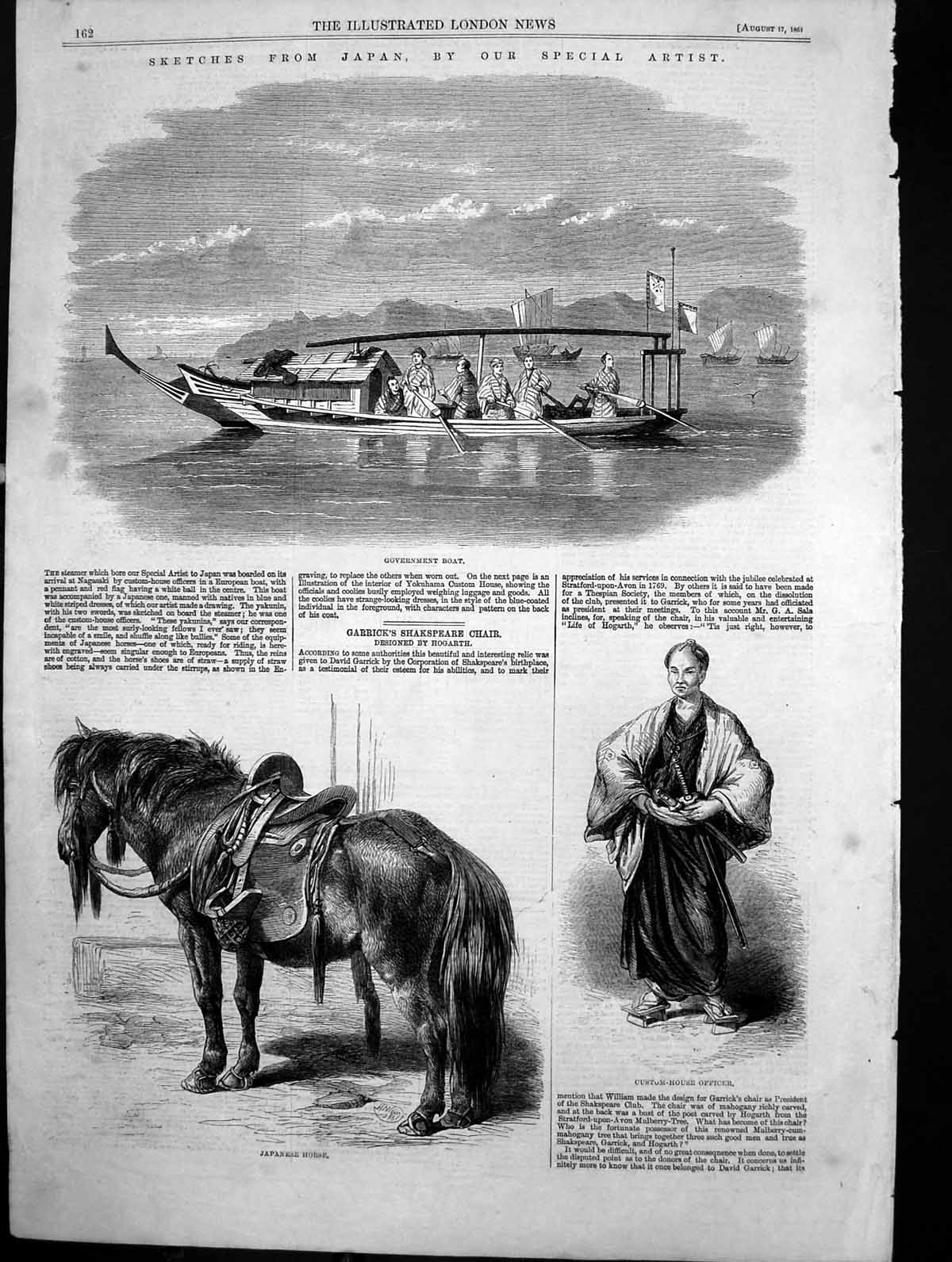 Old Antique Print Japan Government Boat Custom House Officer Horse 1861 19th
