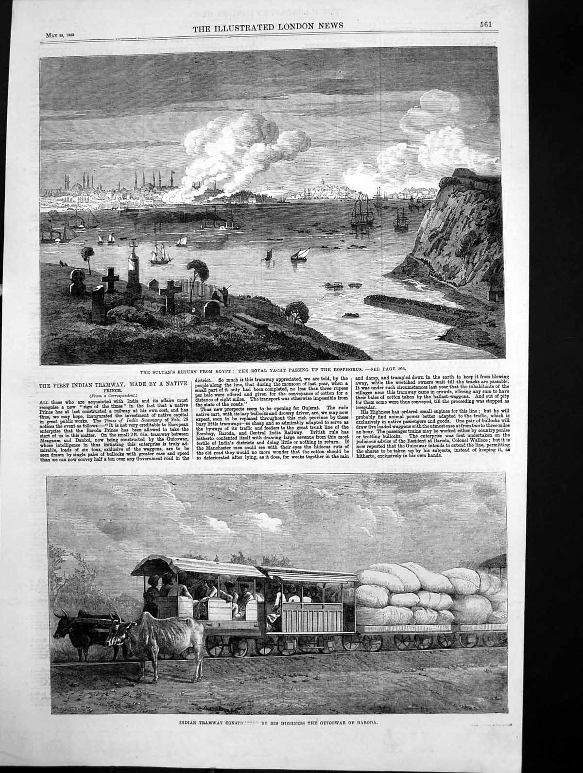 Antique Old Print Indian Tramway Construction Sultans Yacht Bosphorus 1863 19th