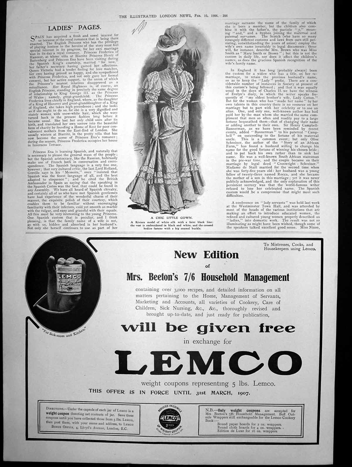 Old Antique Print Chic Little Gown Mrs Beetons HousehManagement Lemco1906 20th