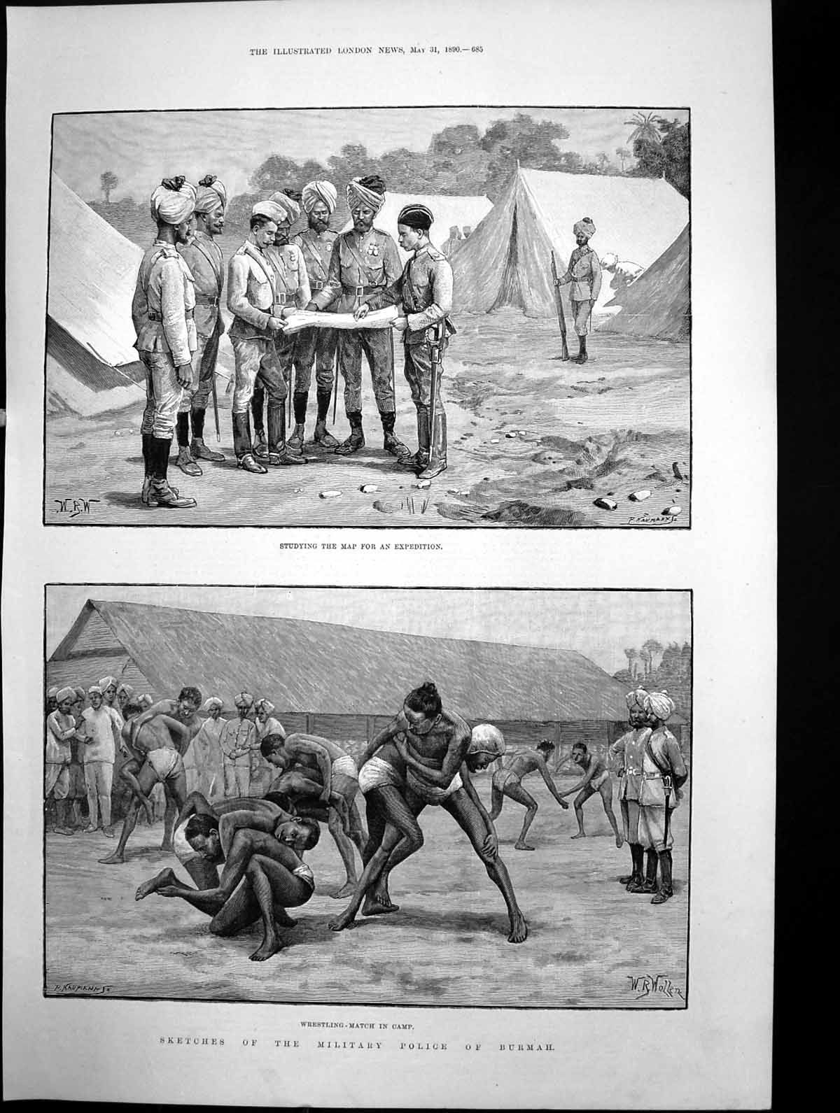 Antique Old Print Military Police Burmah Wrestling Match Studying Map 1890 19th