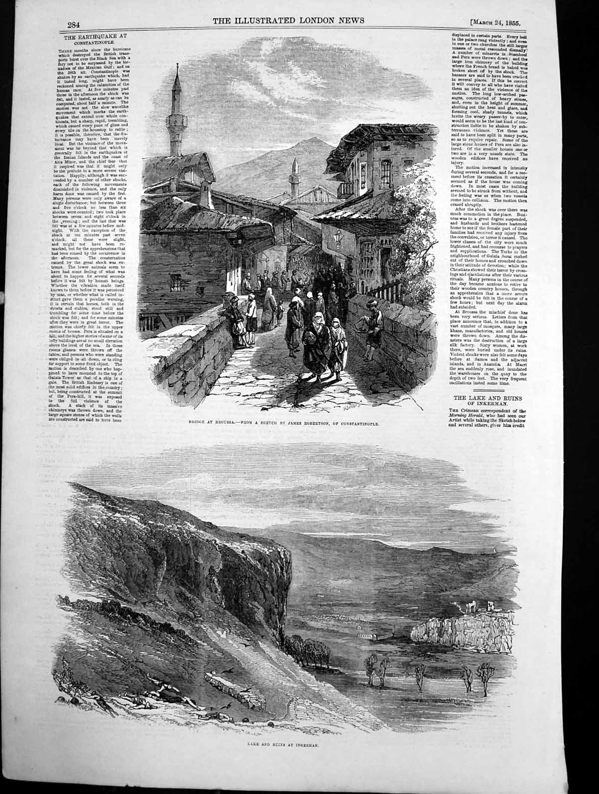 Original Old Antique Print Lake Ruins Inkerman Bridge Broussa J Robertson 1855