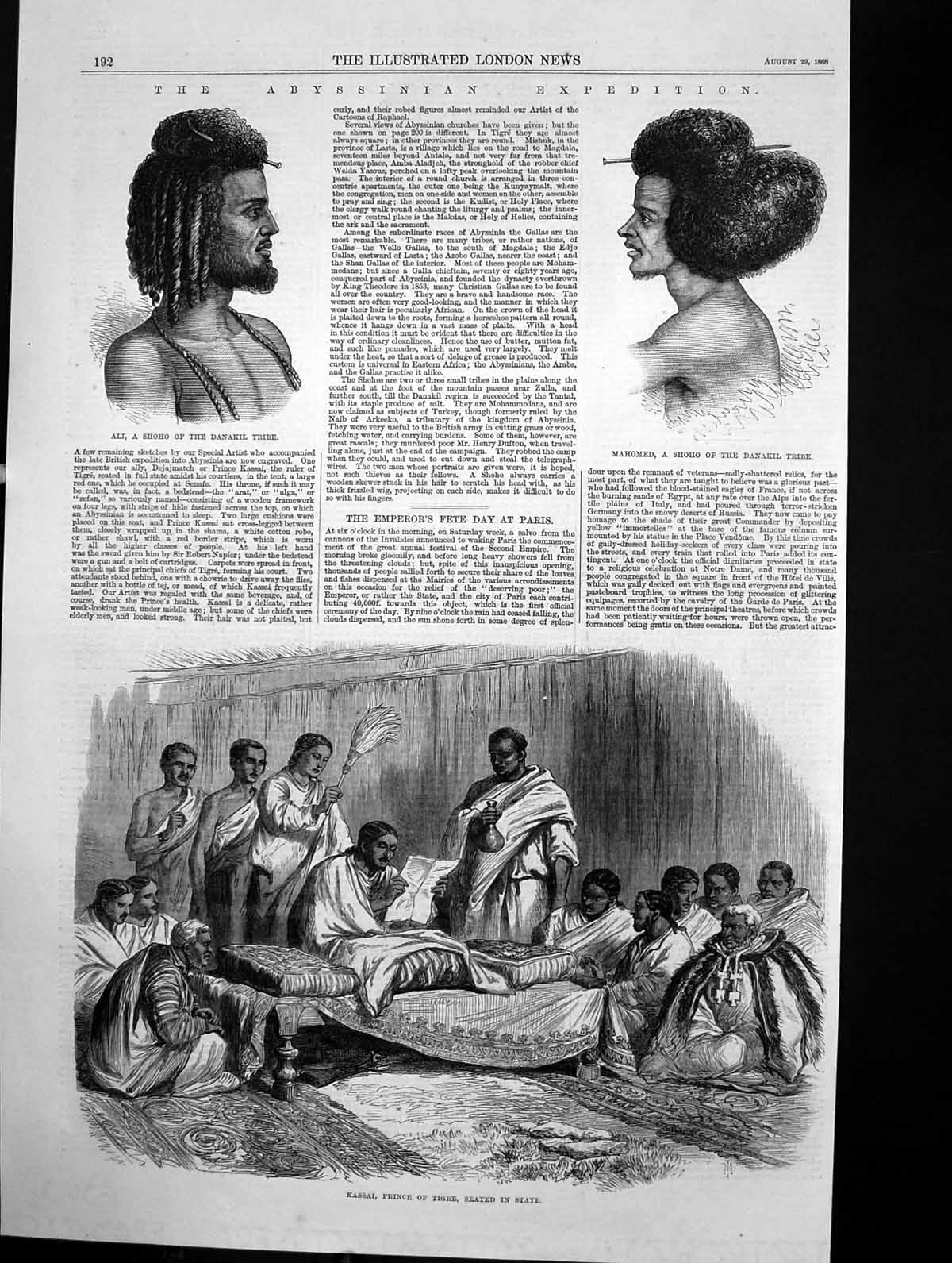 Antique Old Print Kassai Prince Tigre Ali Mahomed Shohos Danakil Tribe 1868