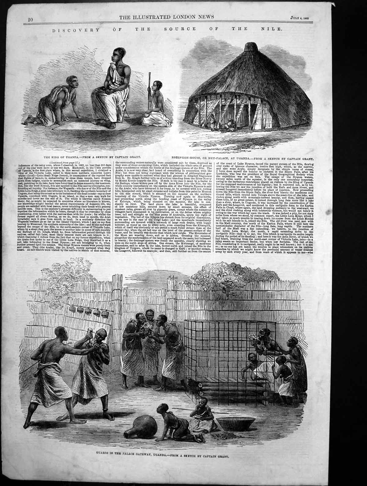 Antique Print Discovery Source Nile King Uganda Guards Palace Gateway 1863 19th