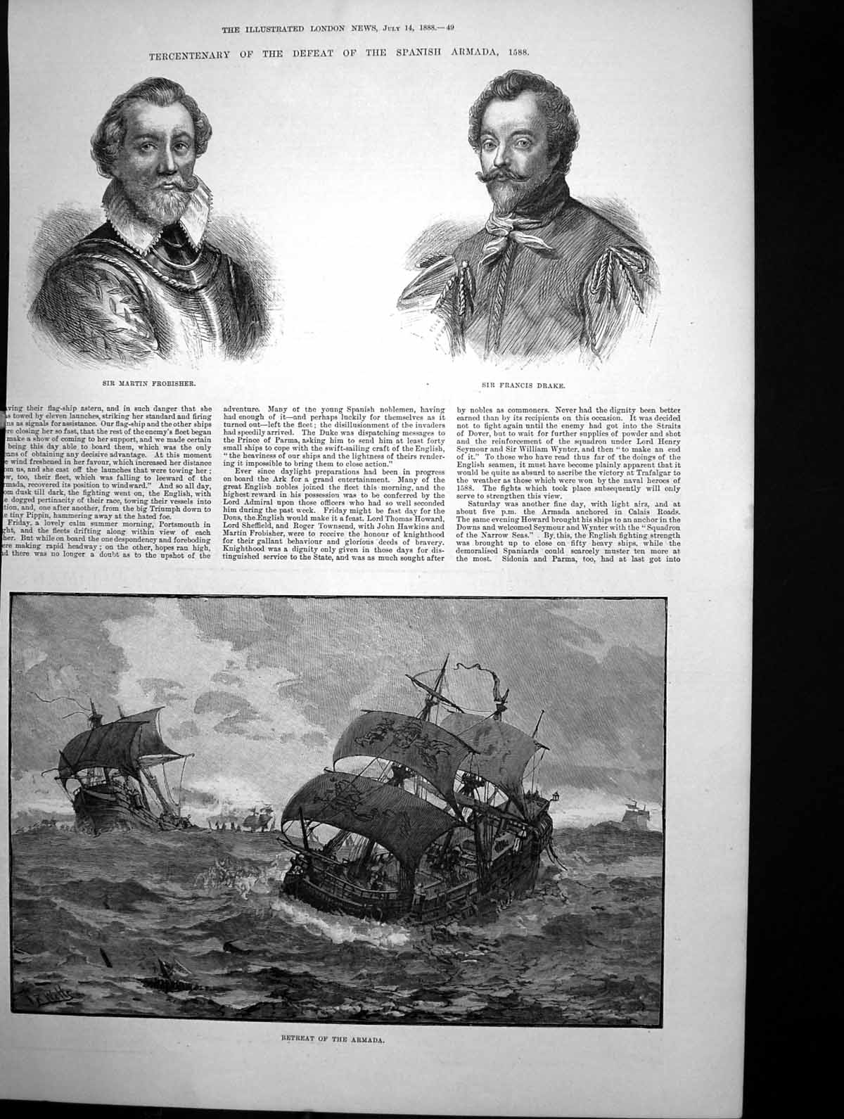 Old Print Tercentary Spanisharmada Retreat Francis Drake M Frobisher1888 19th