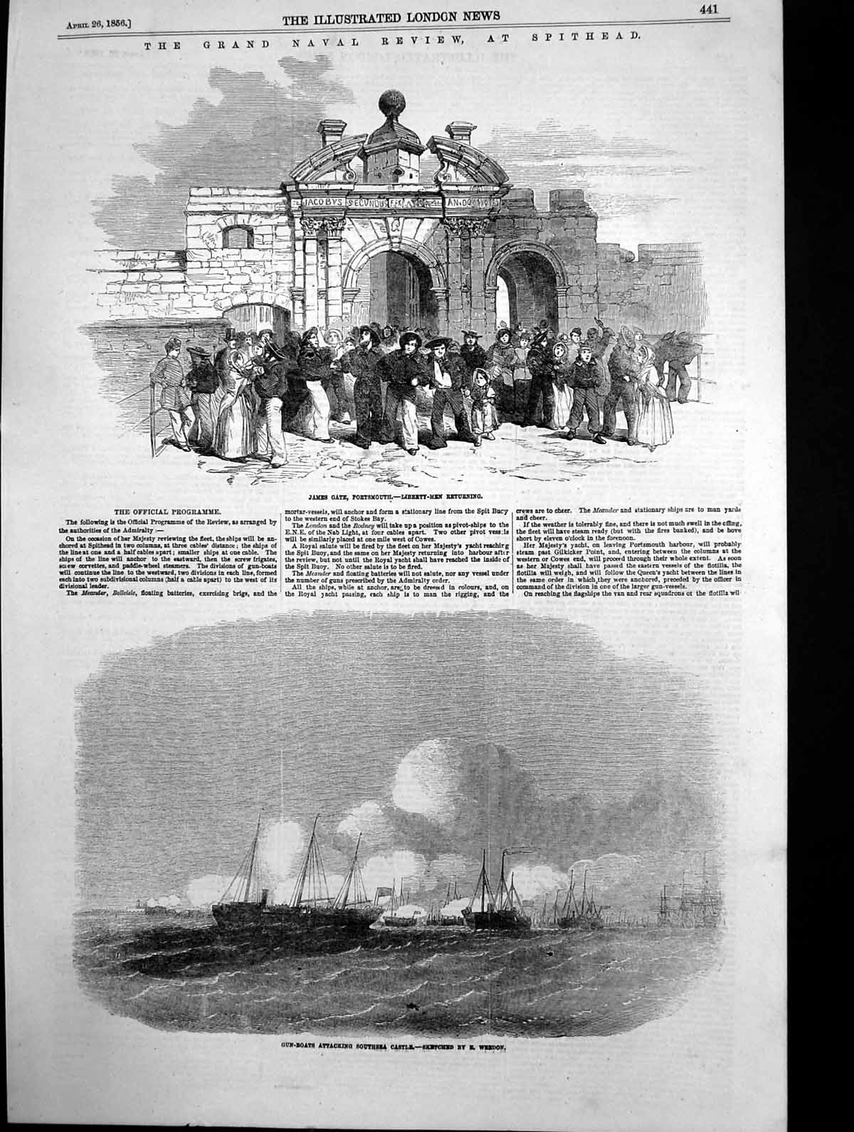 Antique Print Gun Boats Attacking Southsea Castle James Gate Portsmouth1856