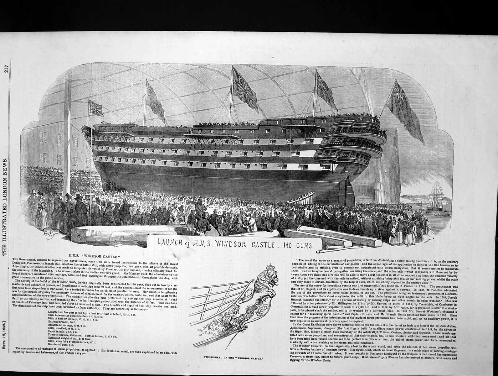 Original Old Antique Print Launch Hms Windsor Castle 140 Guns Figure Head 1852
