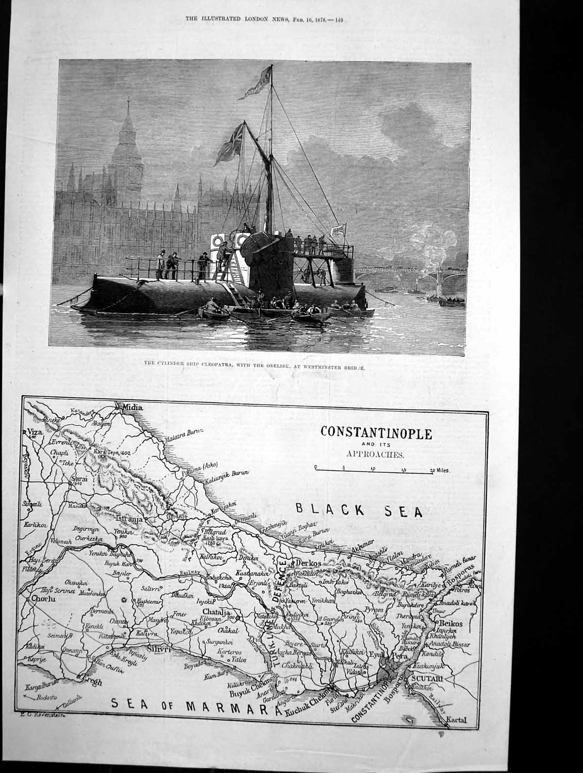 Old Antique Print Map Constantinople Cylinder Ship Cleopatra Obelisk 1878 19th