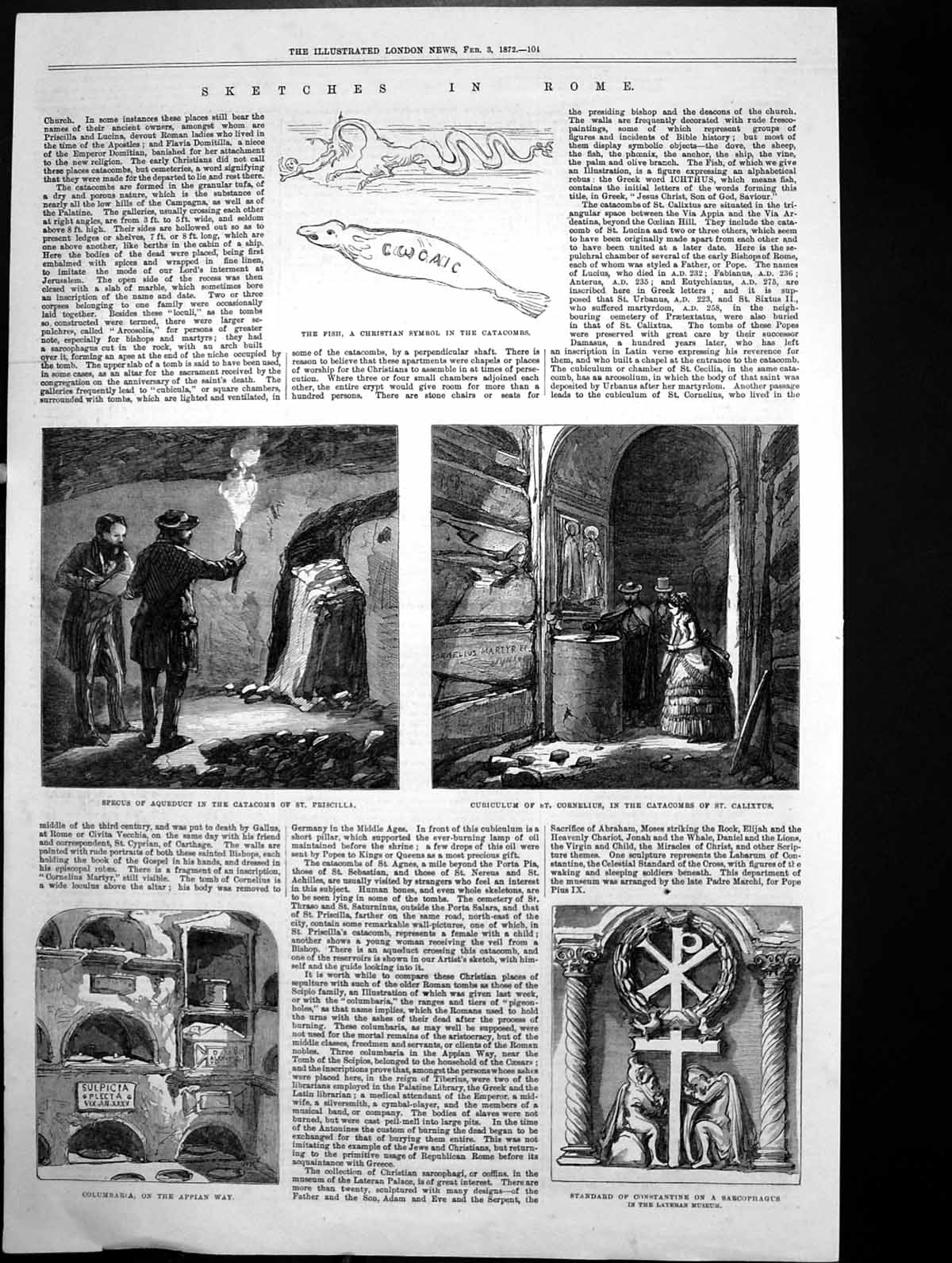 Old Antique Print Rome Columbaria Catacomb St Priscilla St Calixtus 1872 19th