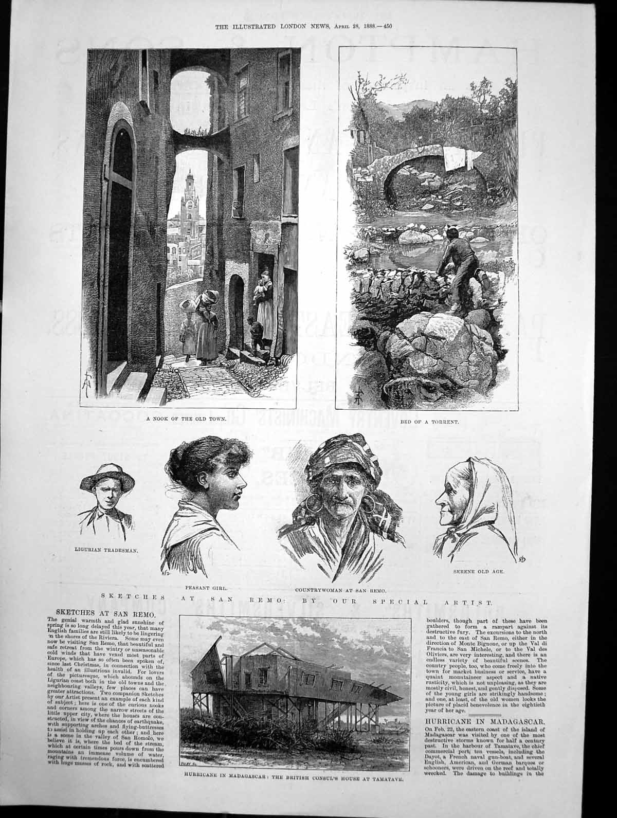 Old Antique Print San Remo Town Hurricane Madagascar House Tamatave 1888 19th