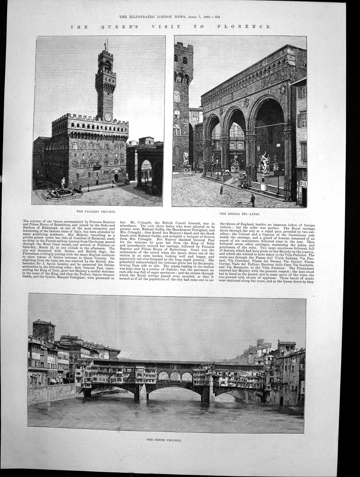 Antique Old Print Queens Visit Florence Ponte Vecchio Loggia Dei Lanzi 1888