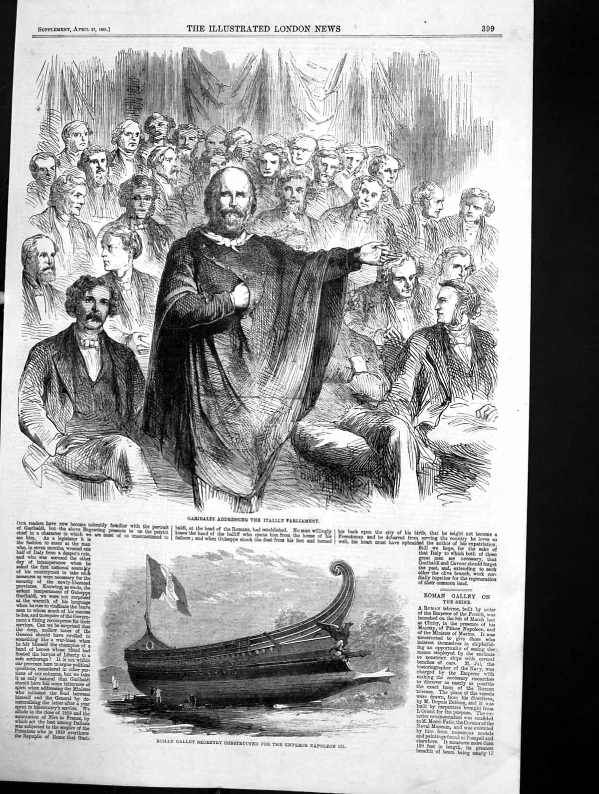Antique Old Print Garibaldi Italian Parliament Roman Galley Napolean 111 1861