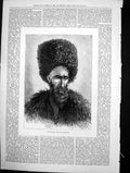 Original Old Antique Print Circassian Chief Daghestan Long Beard Fur Hat 1877