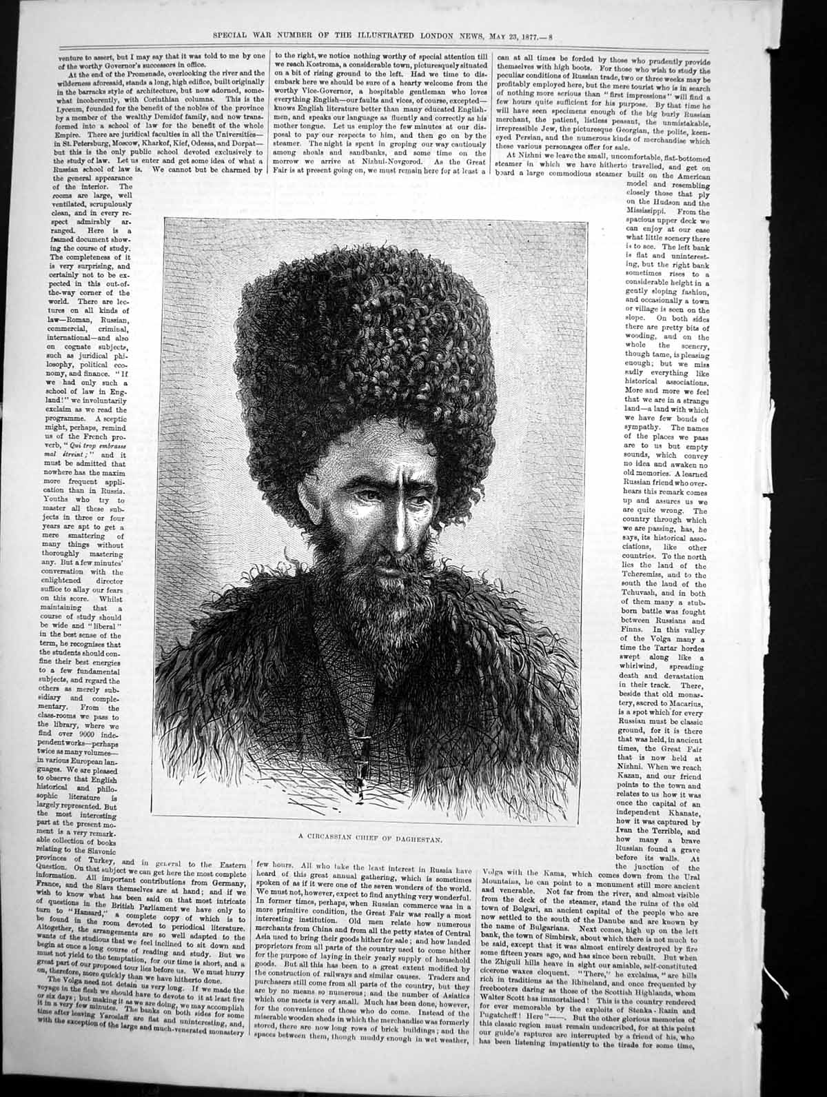 Original Old Antique Print Circassian Chief Daghestan Long Beard Fur Hat 1877