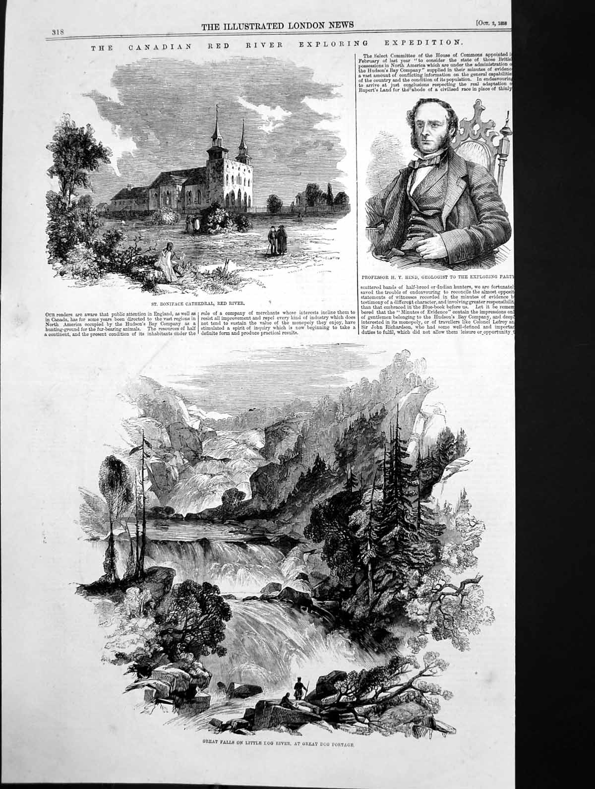 Antique Print Canadian Red River St Boniface Cathedral Falls Great Dog 1858