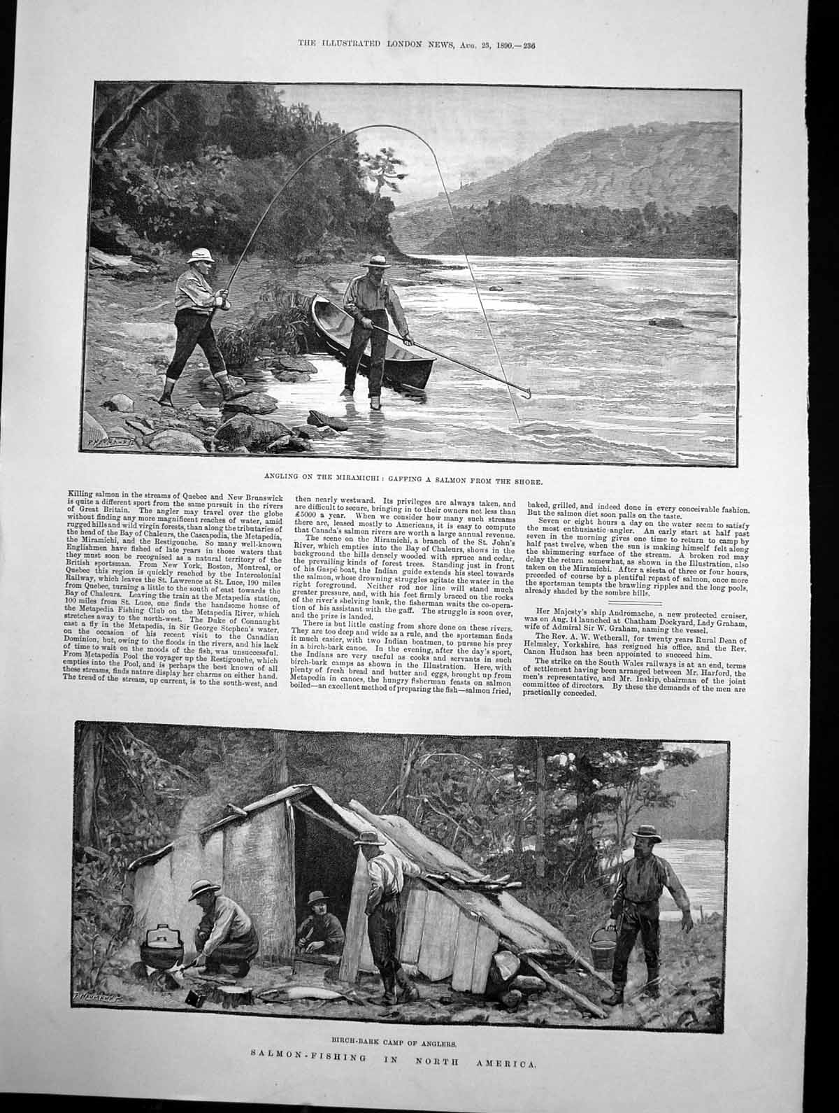 Antique Old Print Salmon Fishing North America Angling Miramichi Camp 1800 19th
