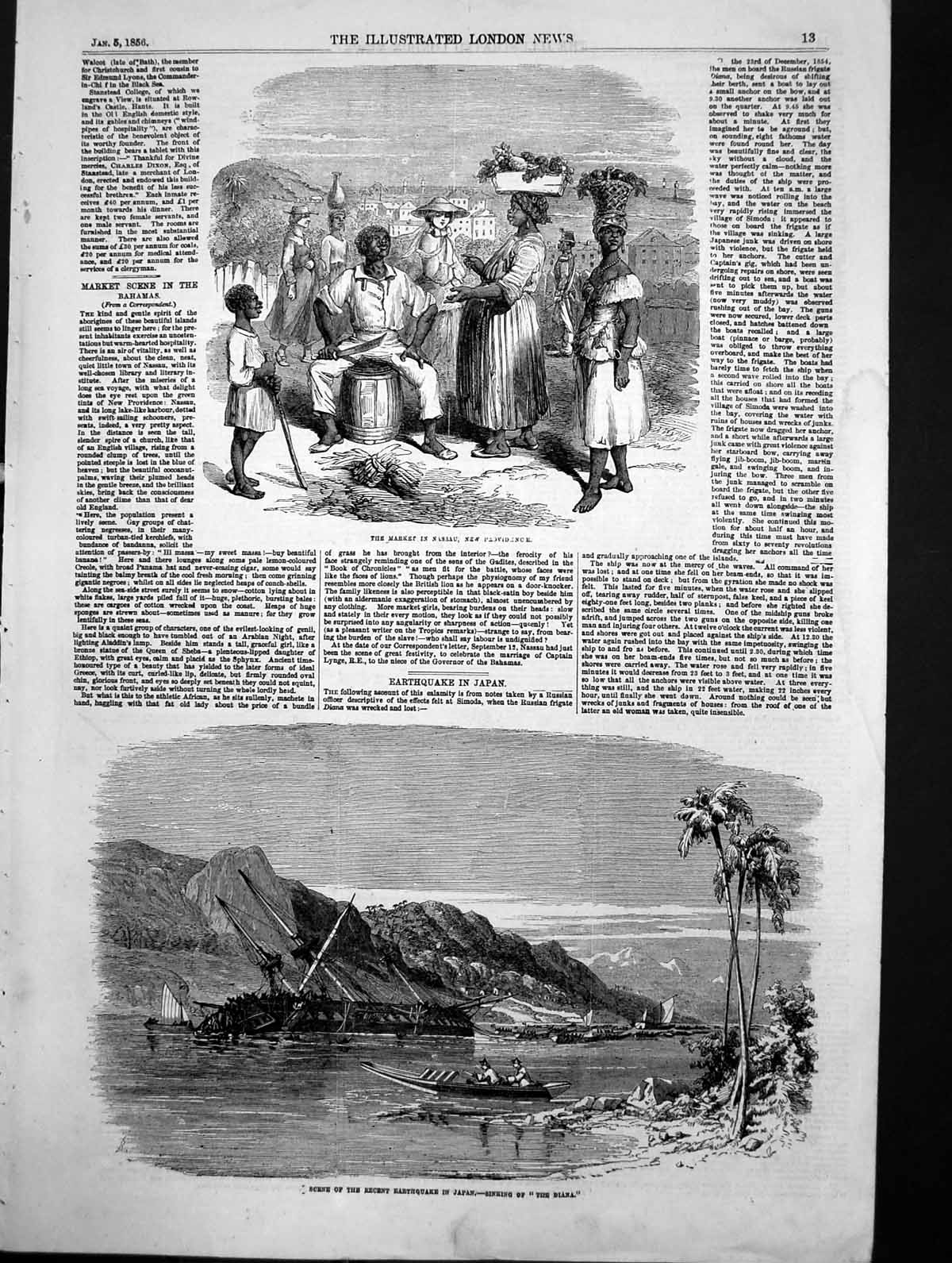 Antique Old Print Market Nassau Bahamas Recent Eartquake Japan Boat Sunk 1856