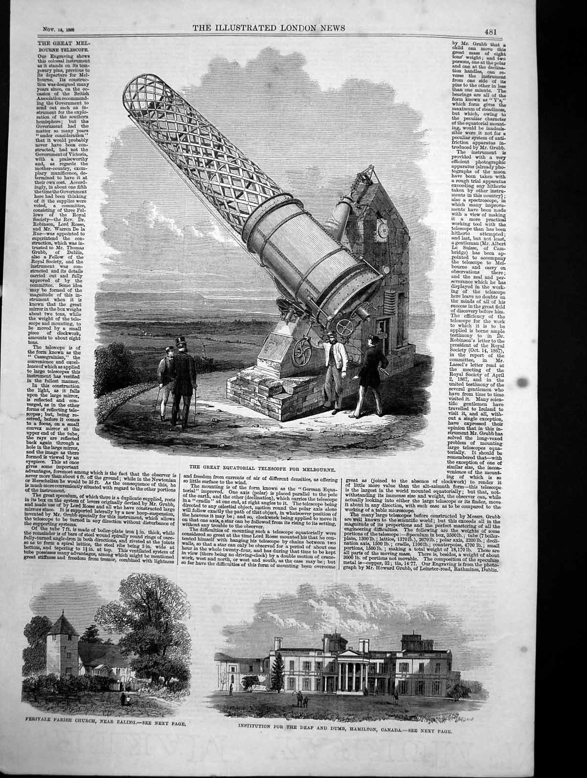 Antique Old Print Equatorial Telescpoe Melbourne Perivale Church Ealing 1868