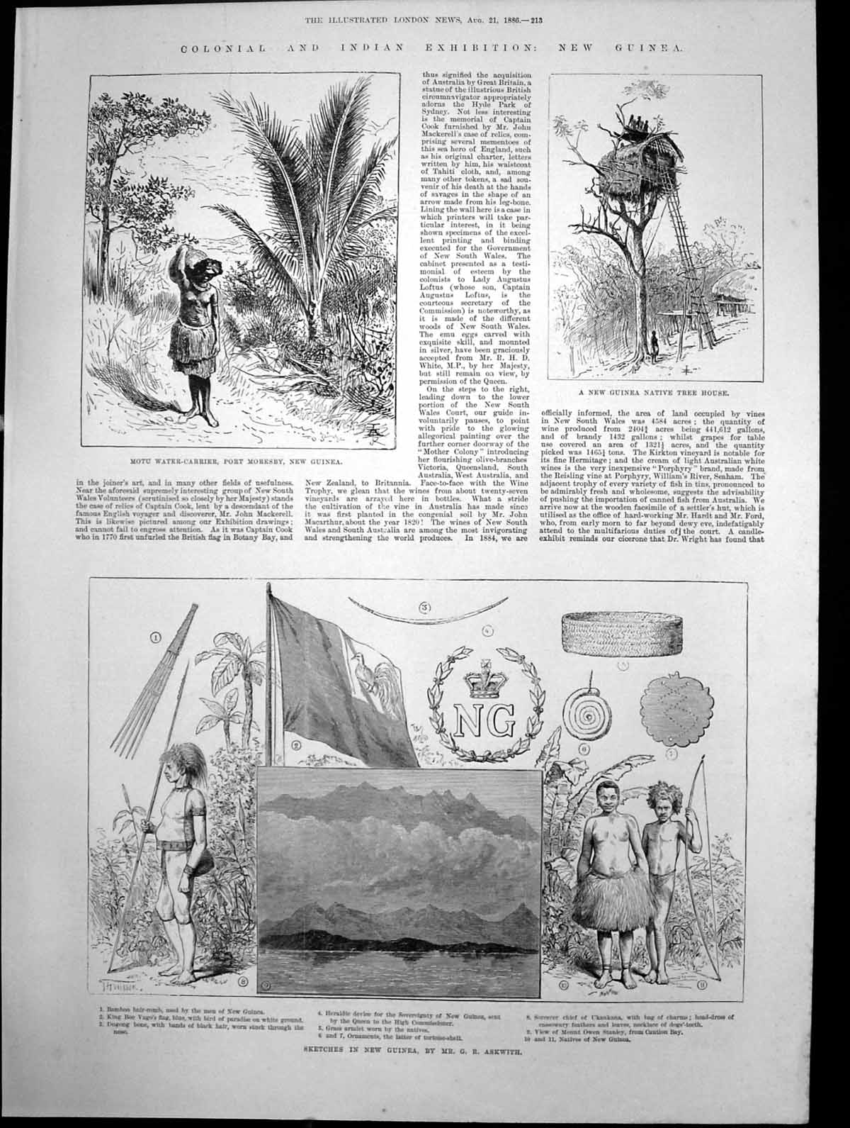 Antique Old Print New Guinea Motu Water Carrier Port Moresby Tree House 1886