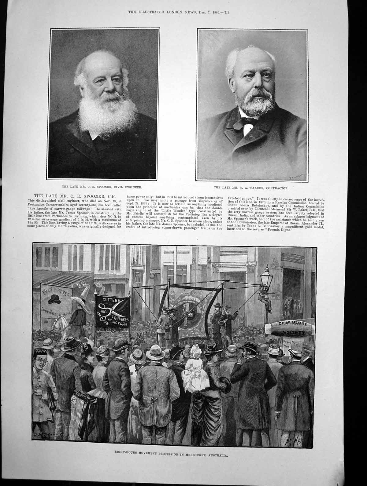 Antique Old Print Movement Procession Melbourne Mr Ce Spooner Engineer 1889