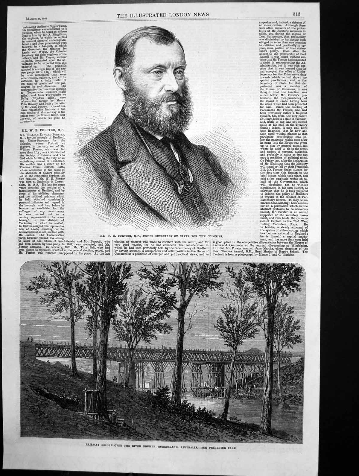 Antique Old Print Bridge River Bremer Queensland W E Forster Mp Colonies 1866