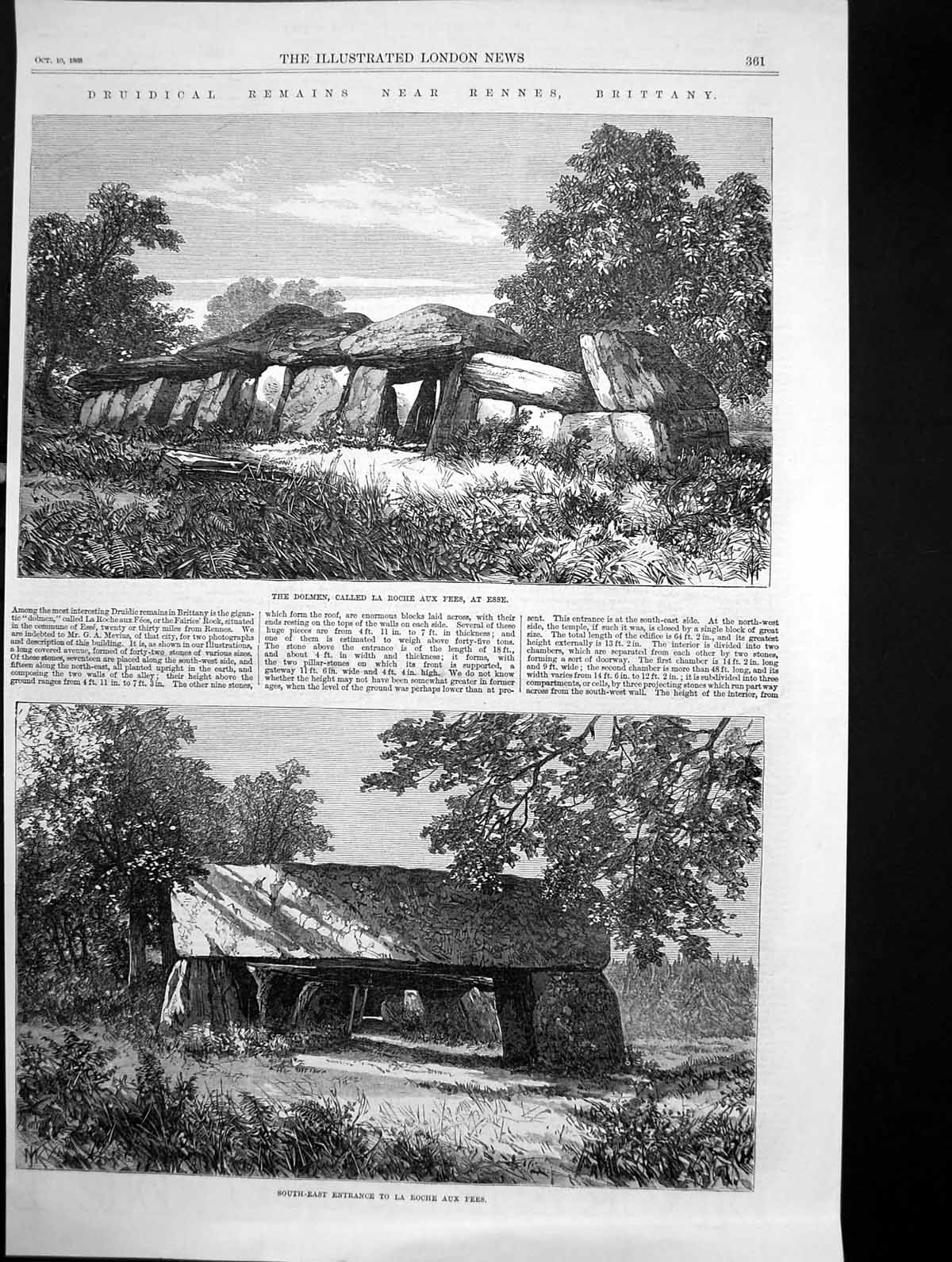 Antique Print Druidical Remains Rennes Brittany La Roche Aux Fees Esse 1868