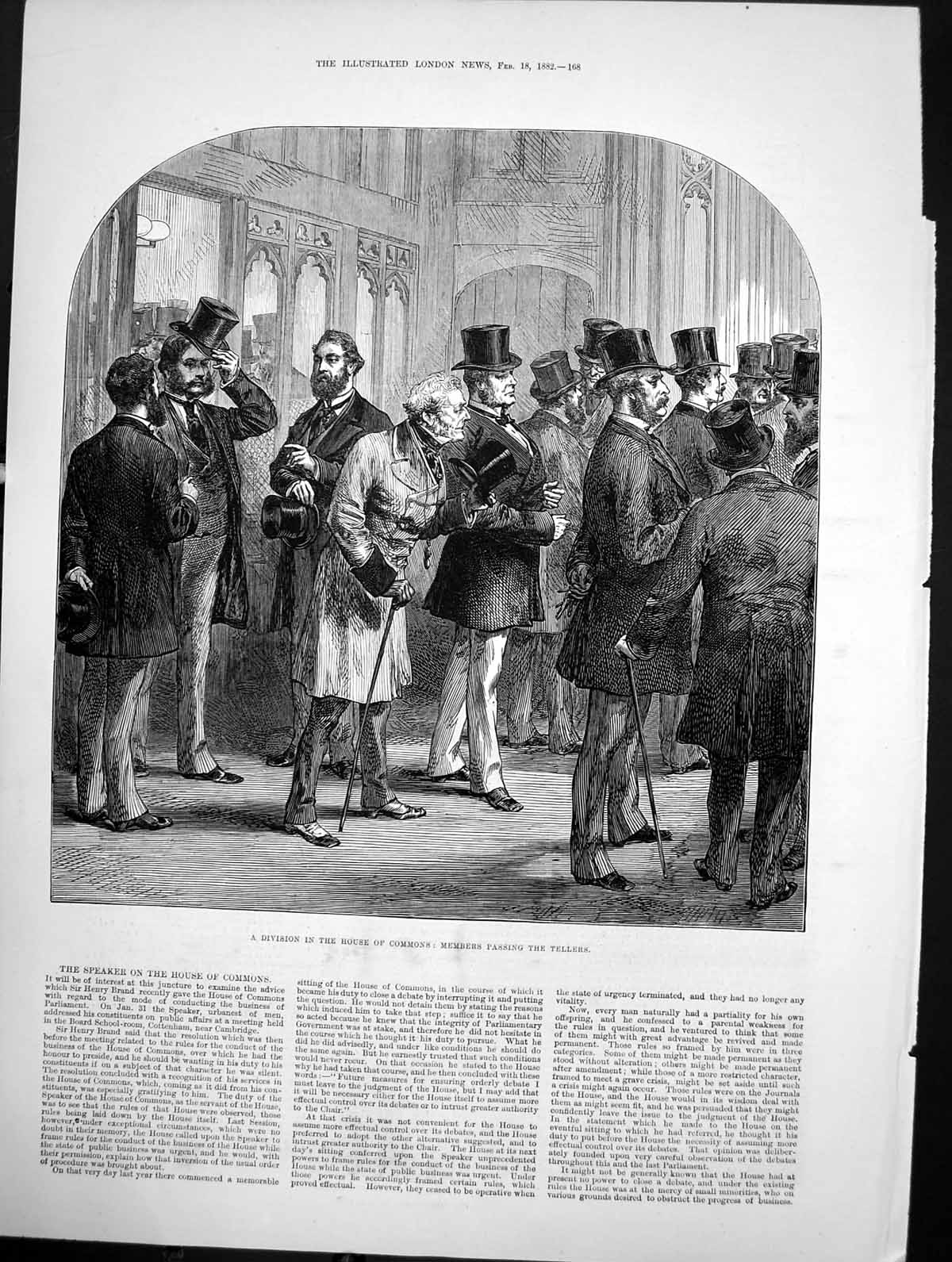 Original Old Antique Print Division House Commons Members Passing Tellers 1882