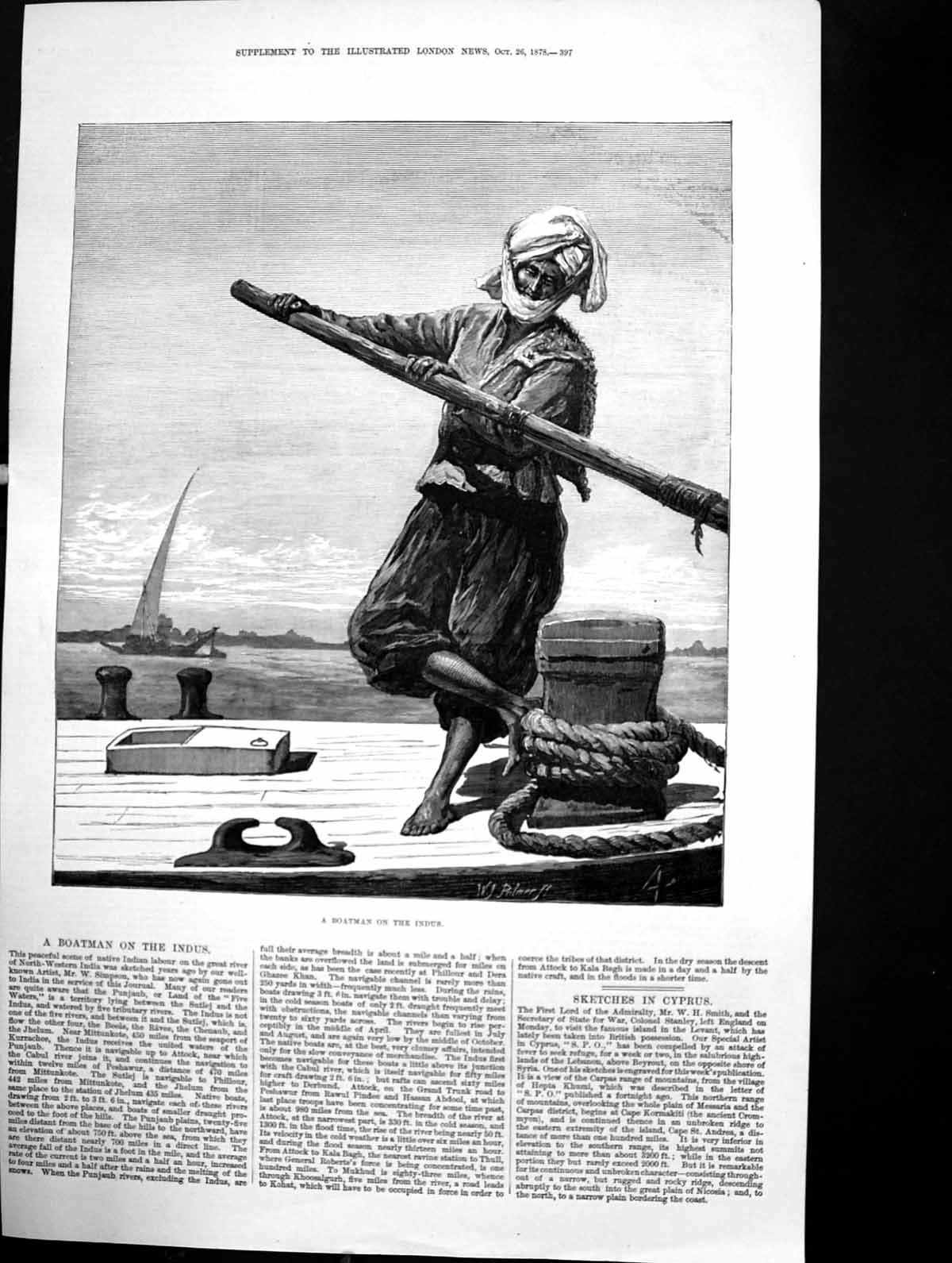 Antique Print Boatman Indus Native Indian Great River North West India 1878