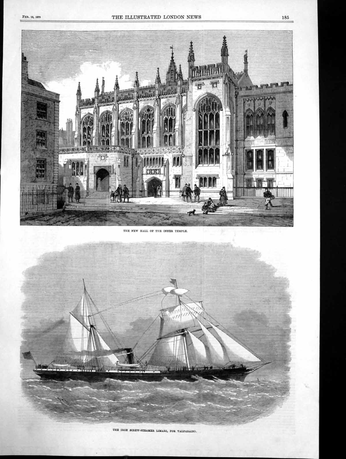 Old Print New Hall Inner Temple Iron Screw Steamer Limari Valparaiso1870 19th