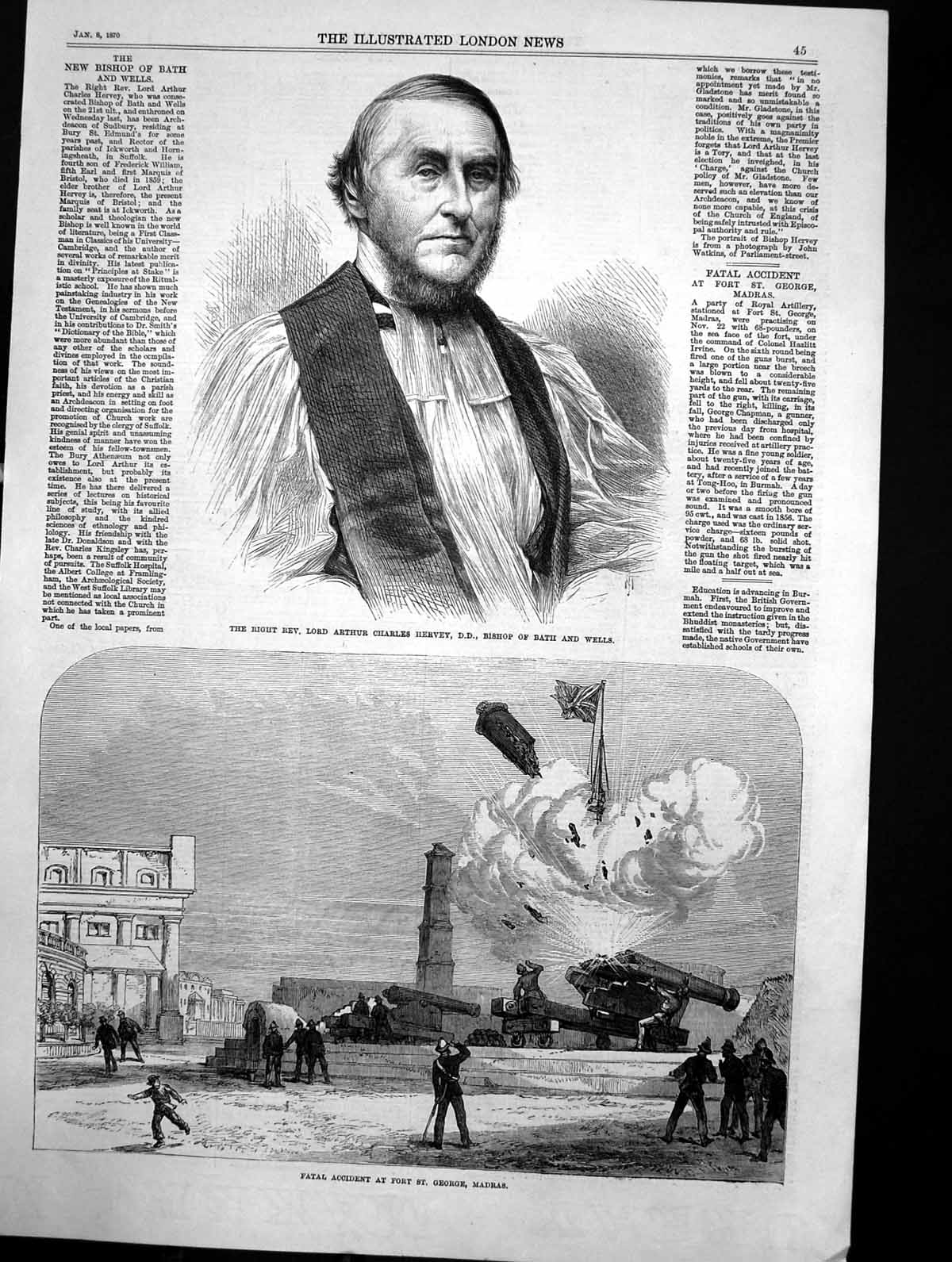 Old Print Fatal Accident Fort St George Madras A Hervey Bishop Bath 1870 19th