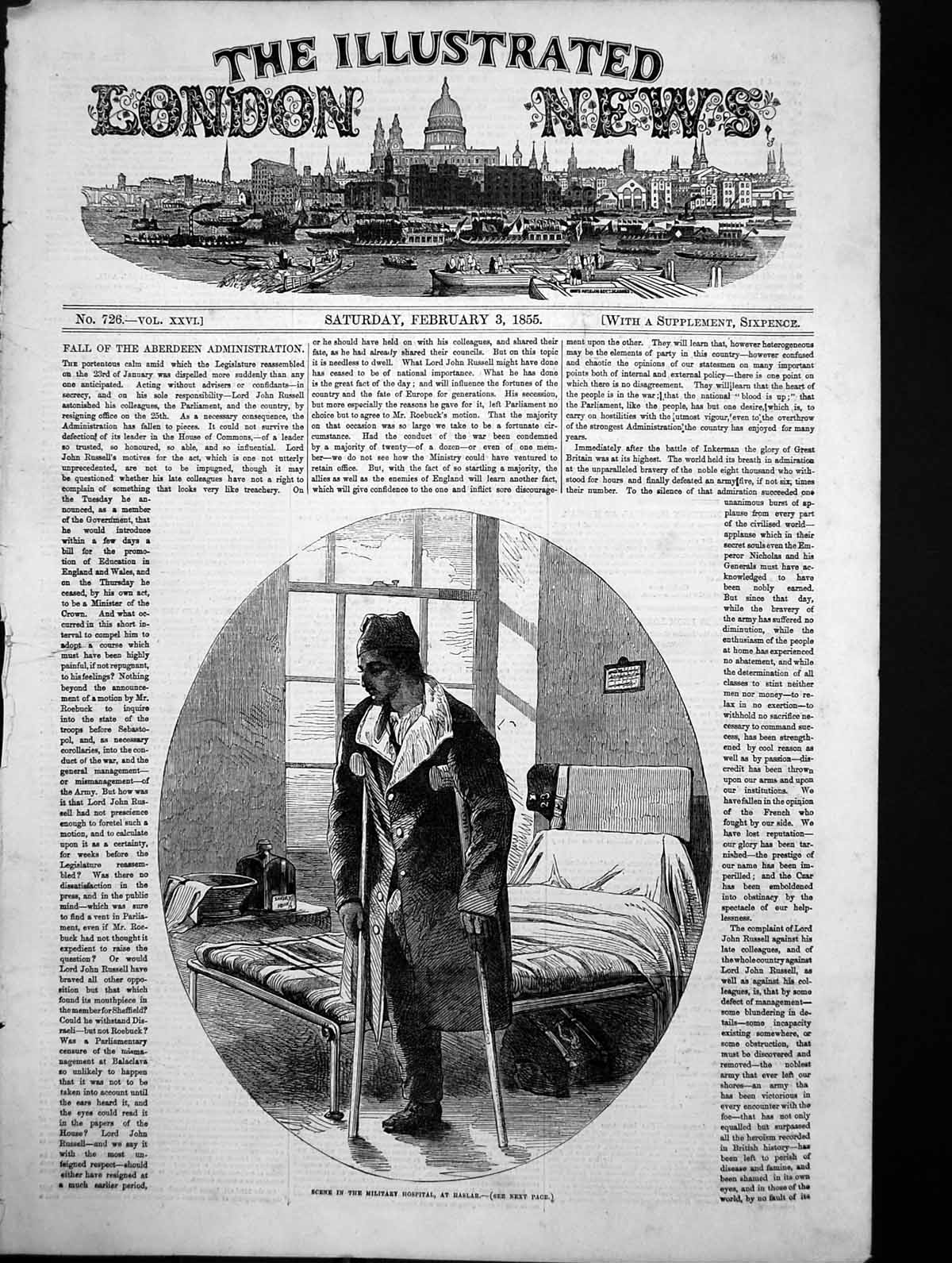 Antique Print Scene Military Hospital Haslar Patient Lost Leg Crutches 1855