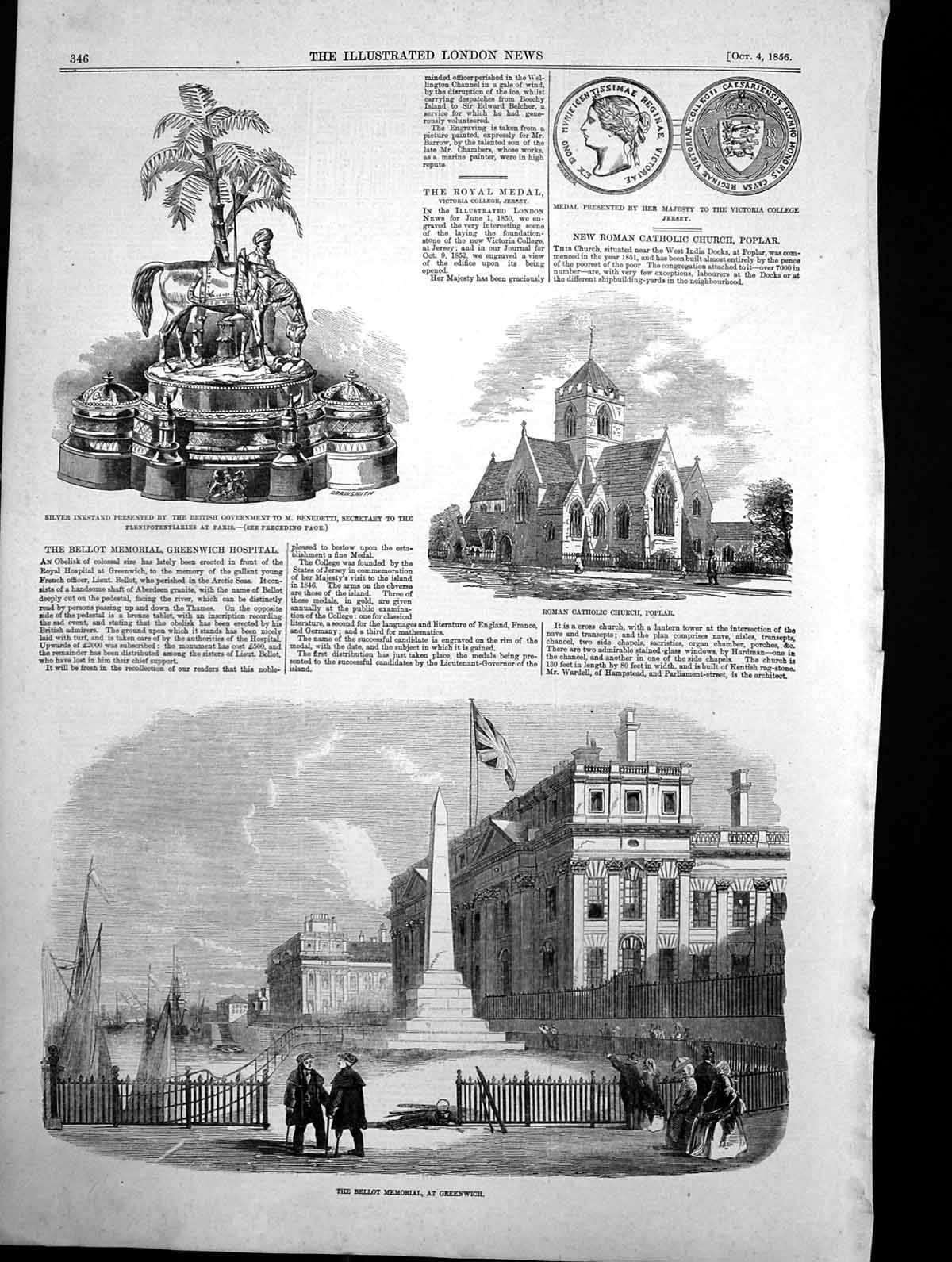 Antique Old Print Bellot Memorial Greenwich Roman Catholic Church Poplar 1856