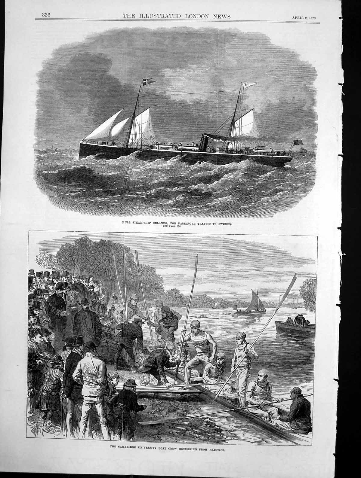 Antique Old Print Cambridge University Boat Crew Hull Steam Ship Orlando 1870
