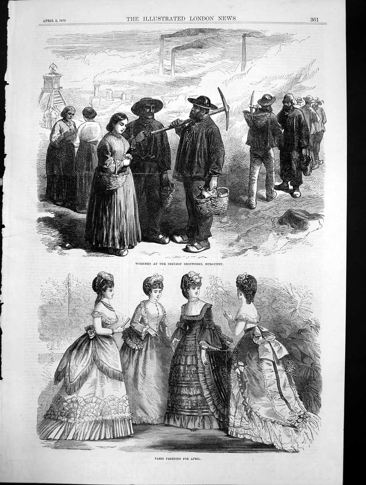 Antique Print Paris Fashions April Workmen Creuzot Ironworks Burgundy 1870 19th
