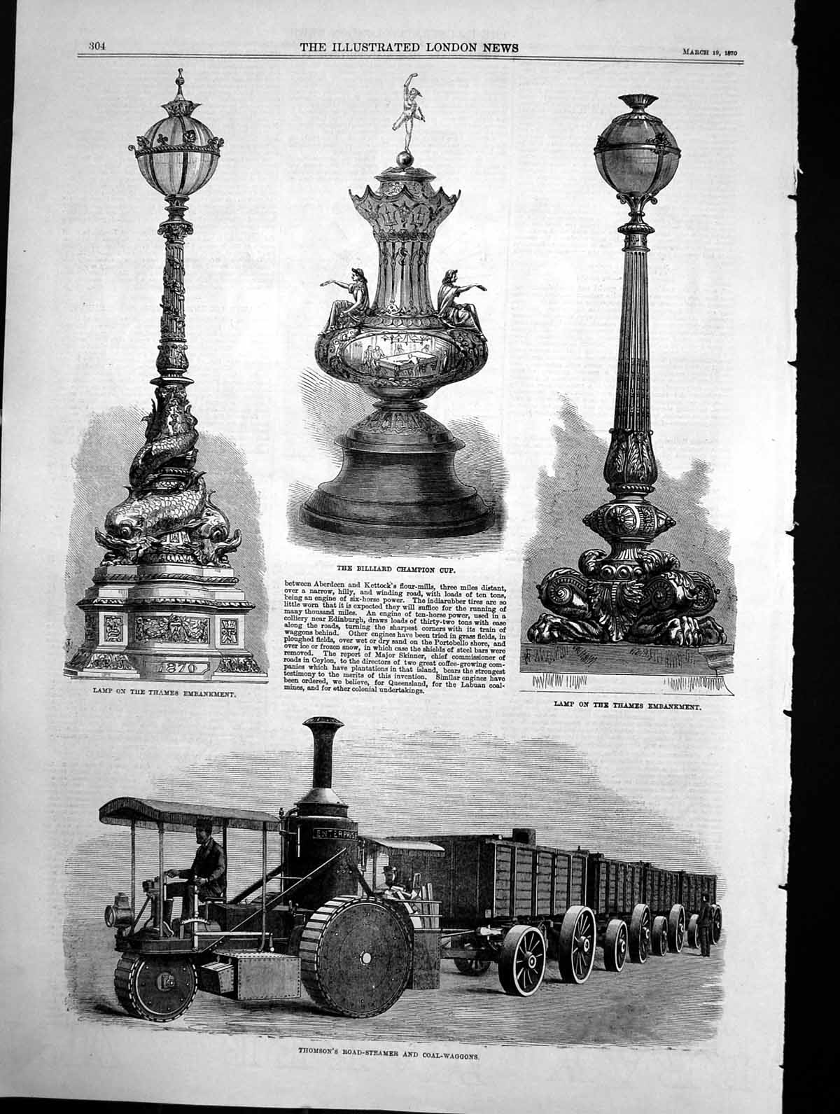 Original Old Antique Print Thomsons Road Steamer Coal Waggons Lamp Thames 1870
