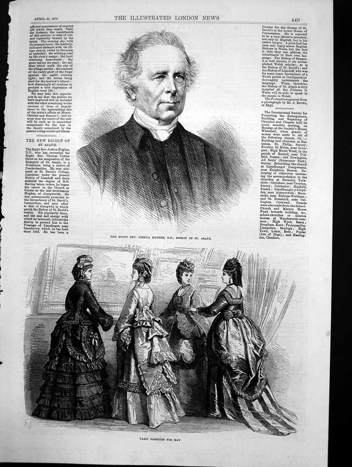 Antique Old Print Paris Fashions May Rev Joshua Hughes Bishop St Asaph 1870