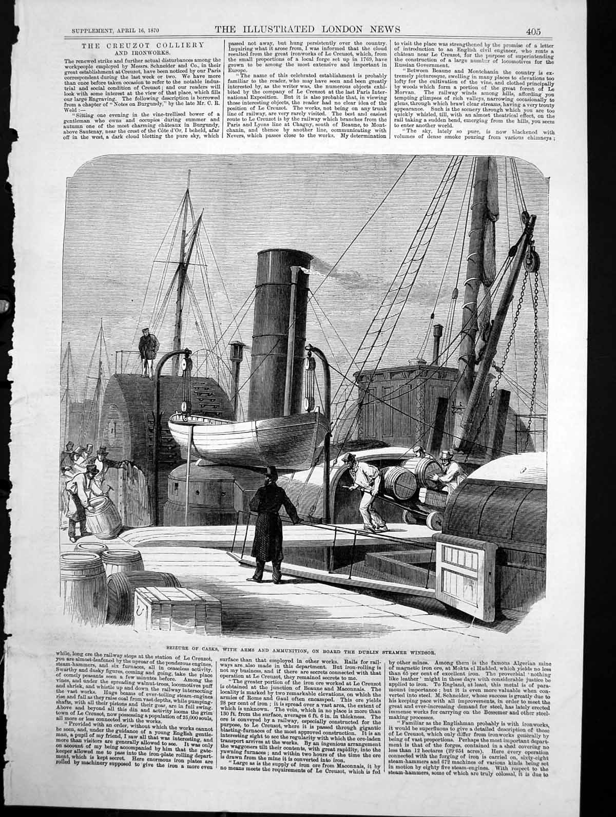 Antique Old Print Seizure Casks Arms Ammunition Dublin Steamer Windsor 1870