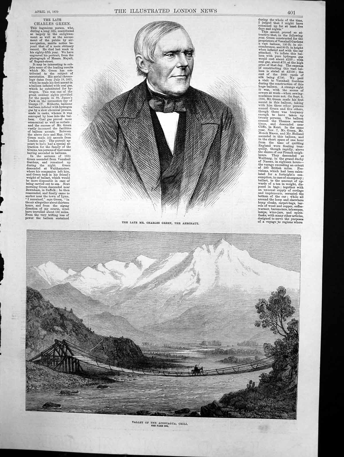 Original Old Antique Print Charles Green Aeronaut Valley Aconcagua Chili 1870