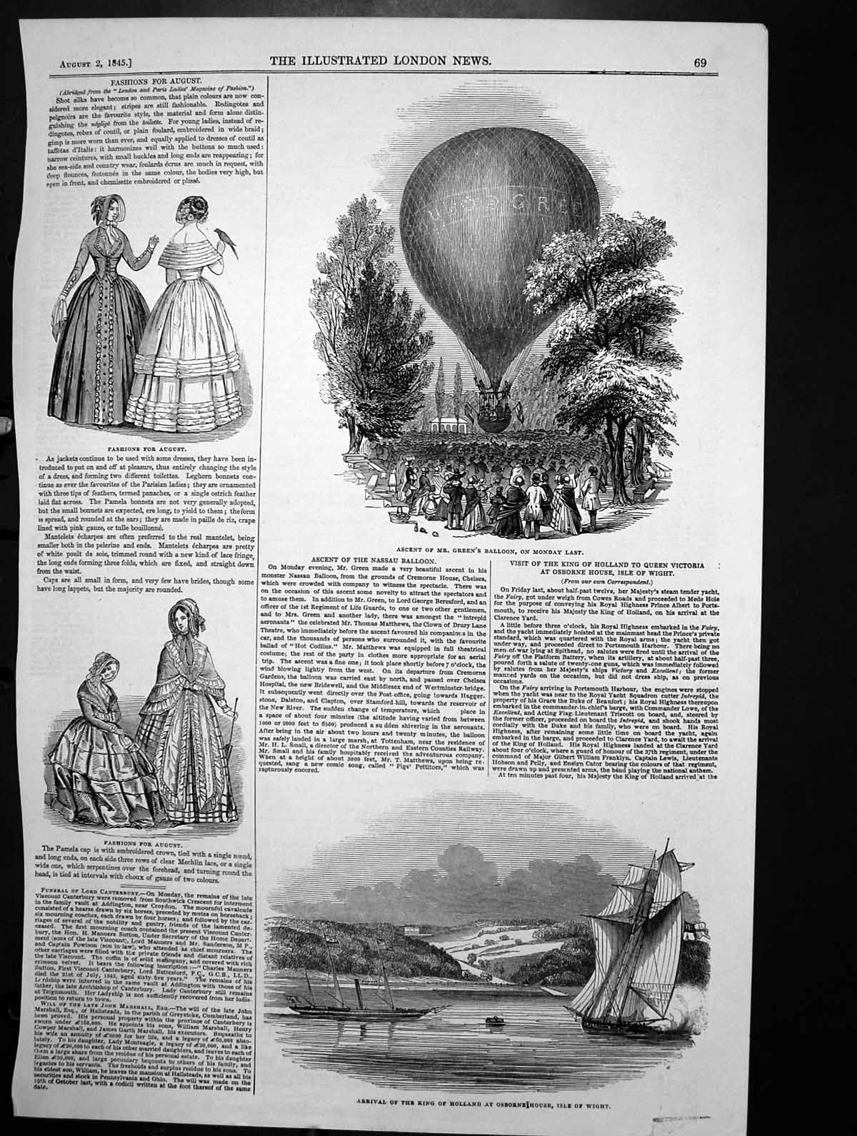 Antique Print Ascent Mr Greens Balloon King Holland Osborne Isle Wight 1845