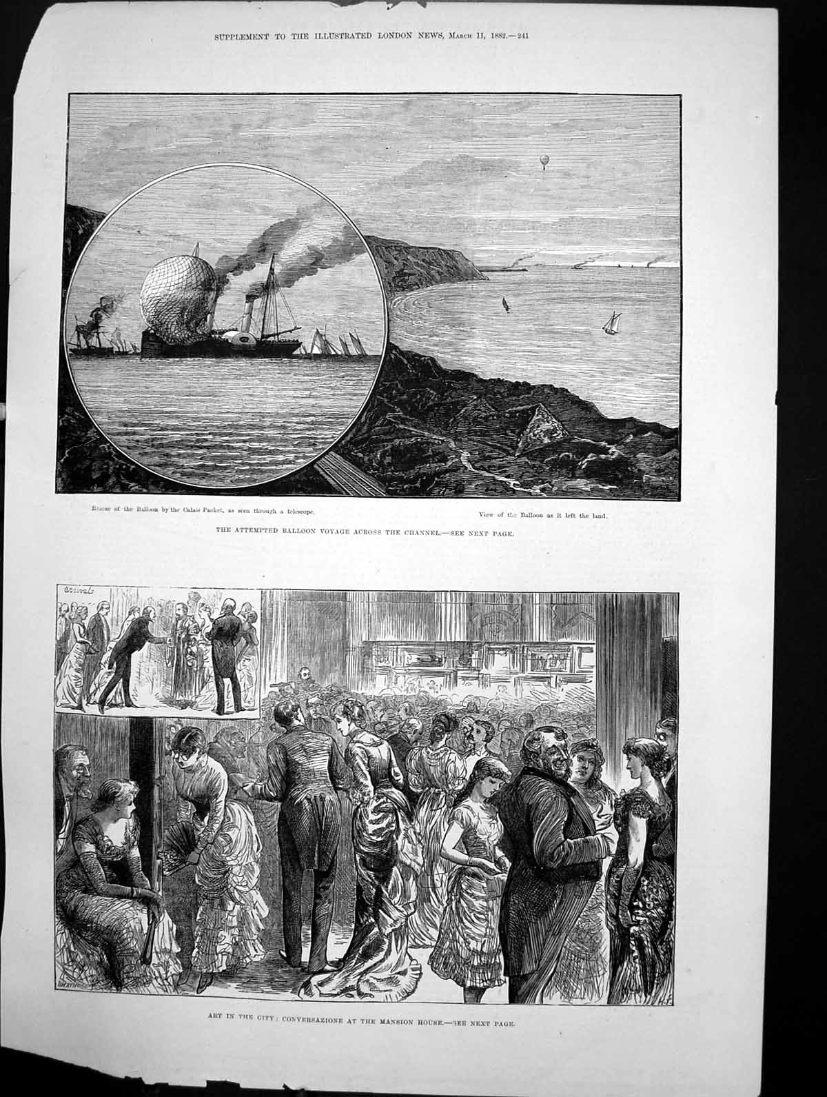 Antique Print Attempted Balloon Voyage Channel Art City Mansion House 1882 19th