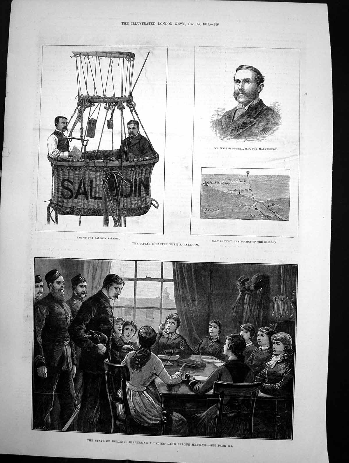 Antique Print Fatal Disaster Balloon Ireland Dispersing Ladies League 1881 19th