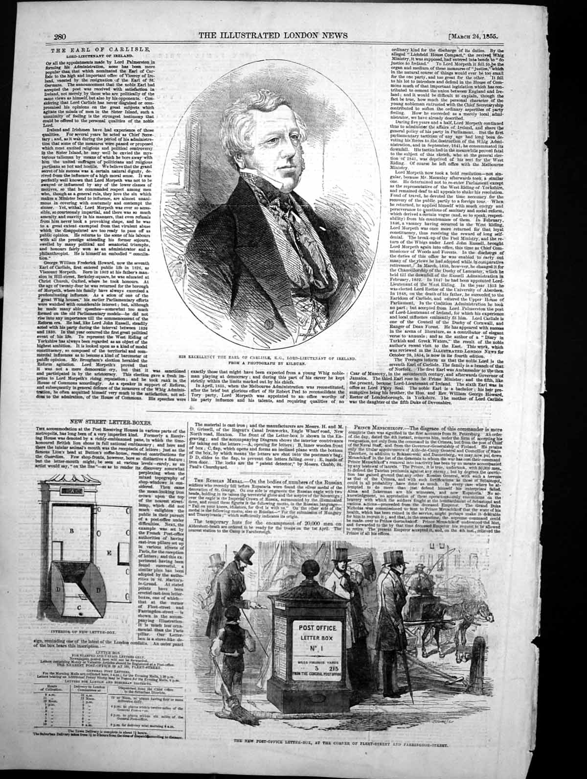 Antique Old Print Earl Carlisle New Post Office Letter Box Fleet Street 1855