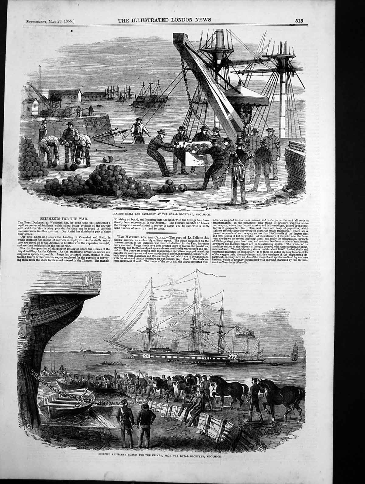 Antique Print Landing Shell Case Shot Shipping Horses Crimea Woolwich 1855 19th