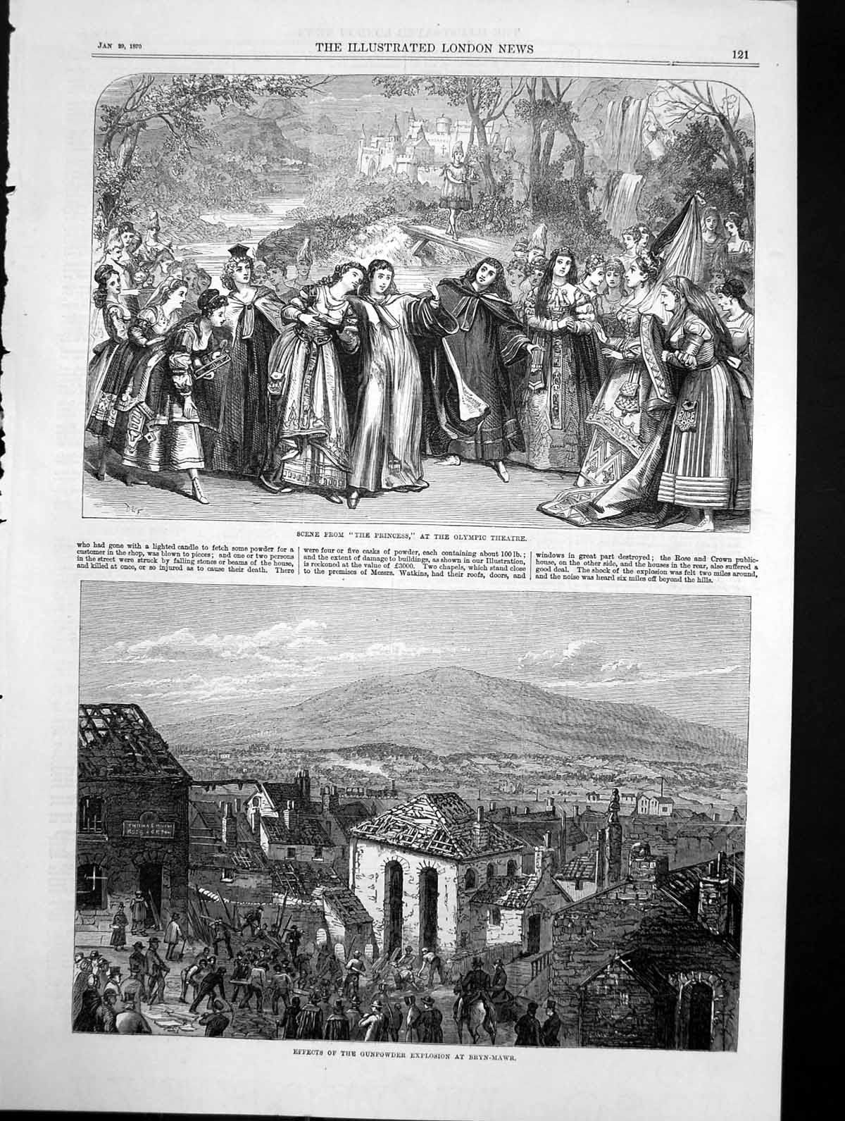 Antique Old Print Princess Olympic Theatre Gunpowder Explosion Bryn Mawr 1870