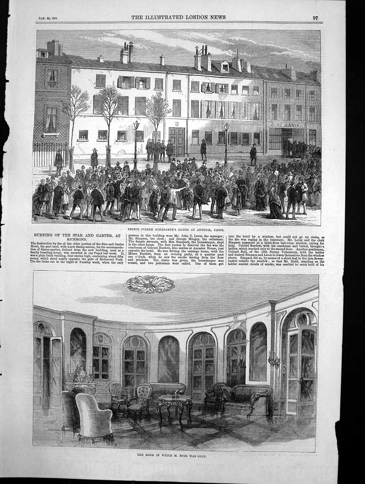 Antique Old Print Prince Pierre Bonapartes House Paris Room M Noir Shot 1870