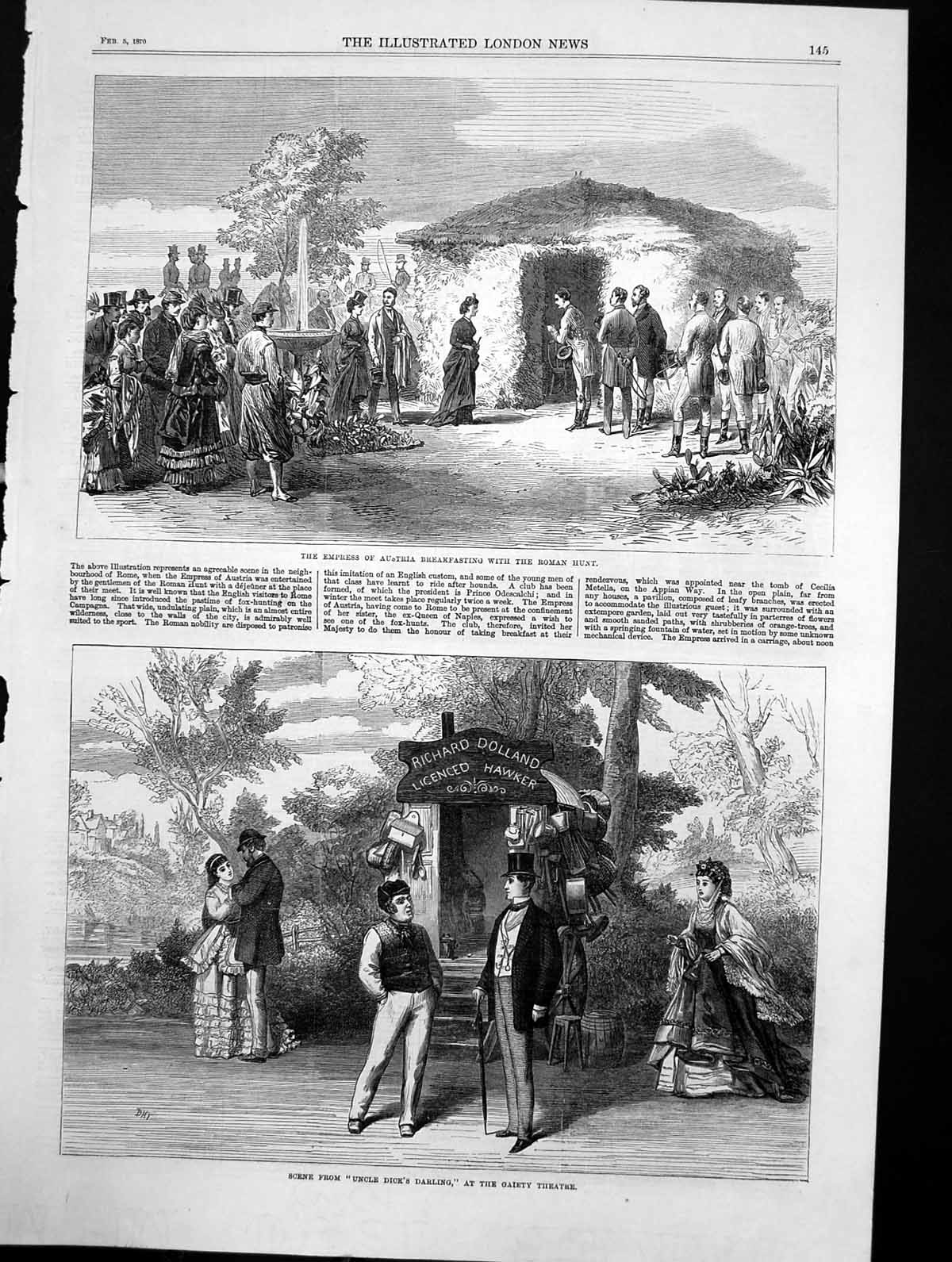 Antique Old Print Empress Austria Roman Hunt Uncle Dicks Darling Gaiety 1870